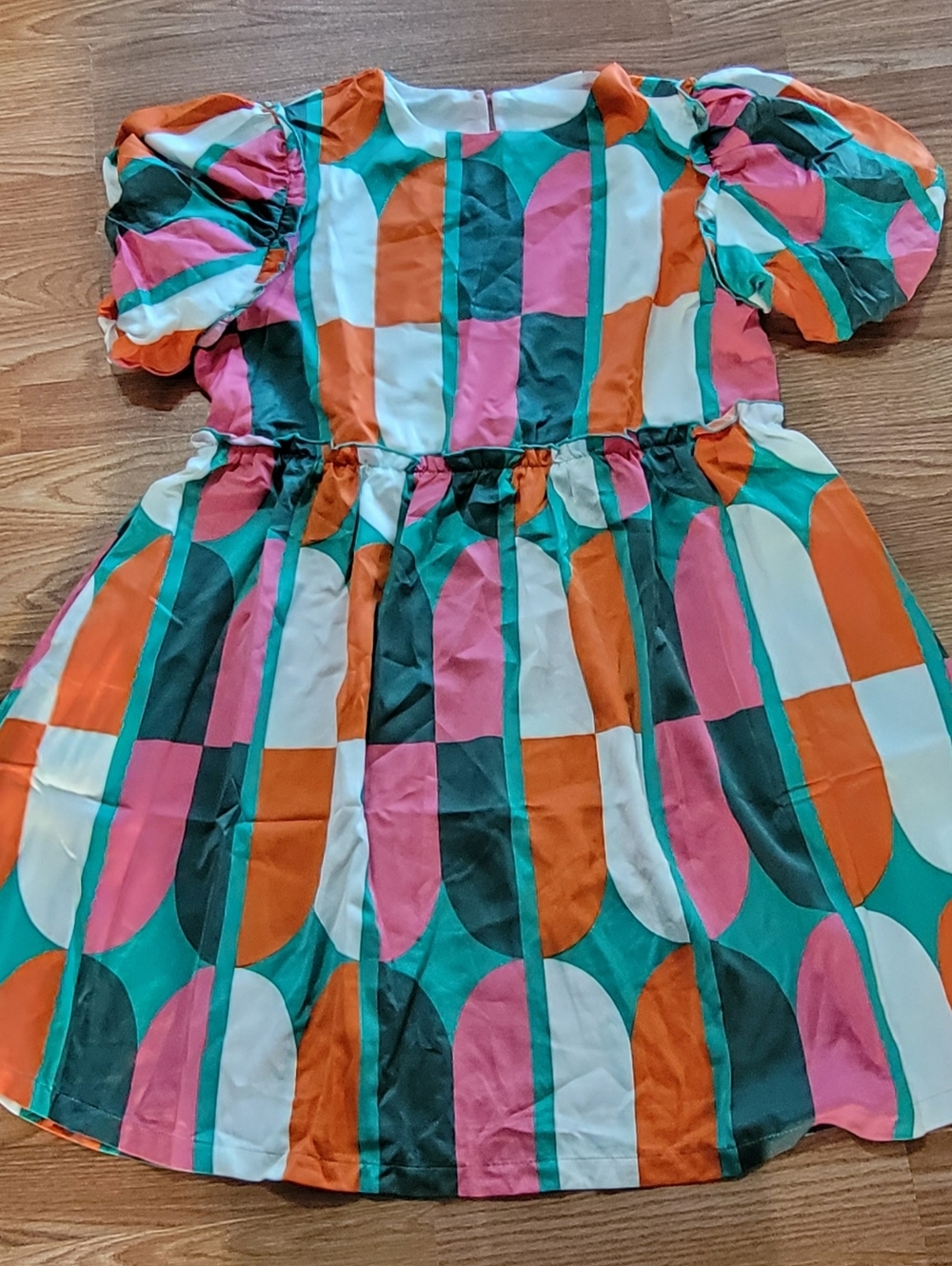 Colorblock Puff Sleeve Dress With Pocket - Teal, Orange & Pink Size Large NWOT